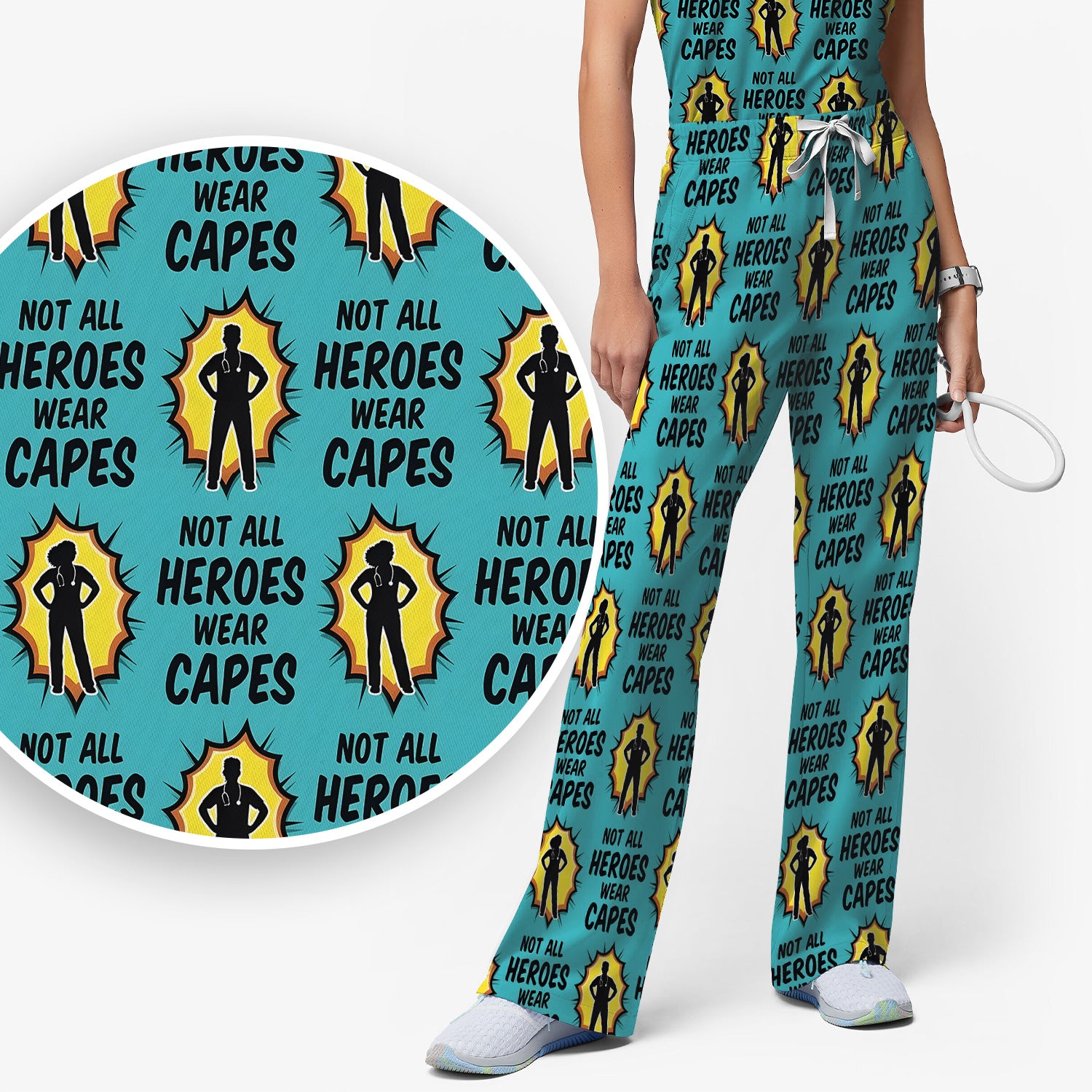 Not All Heroes Wear Capes Nurse Pattern Scrub Set, Scrub Pants and V Neck Top