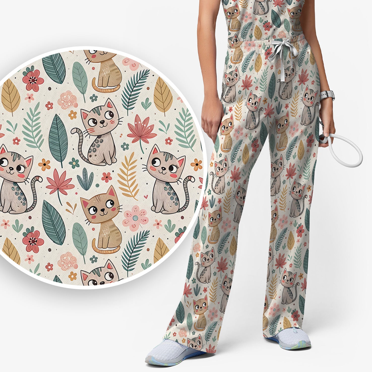 Cute Cartoon Cat Floral Leaf Pattern Scrub Set, Scrub Pants and V Neck Top