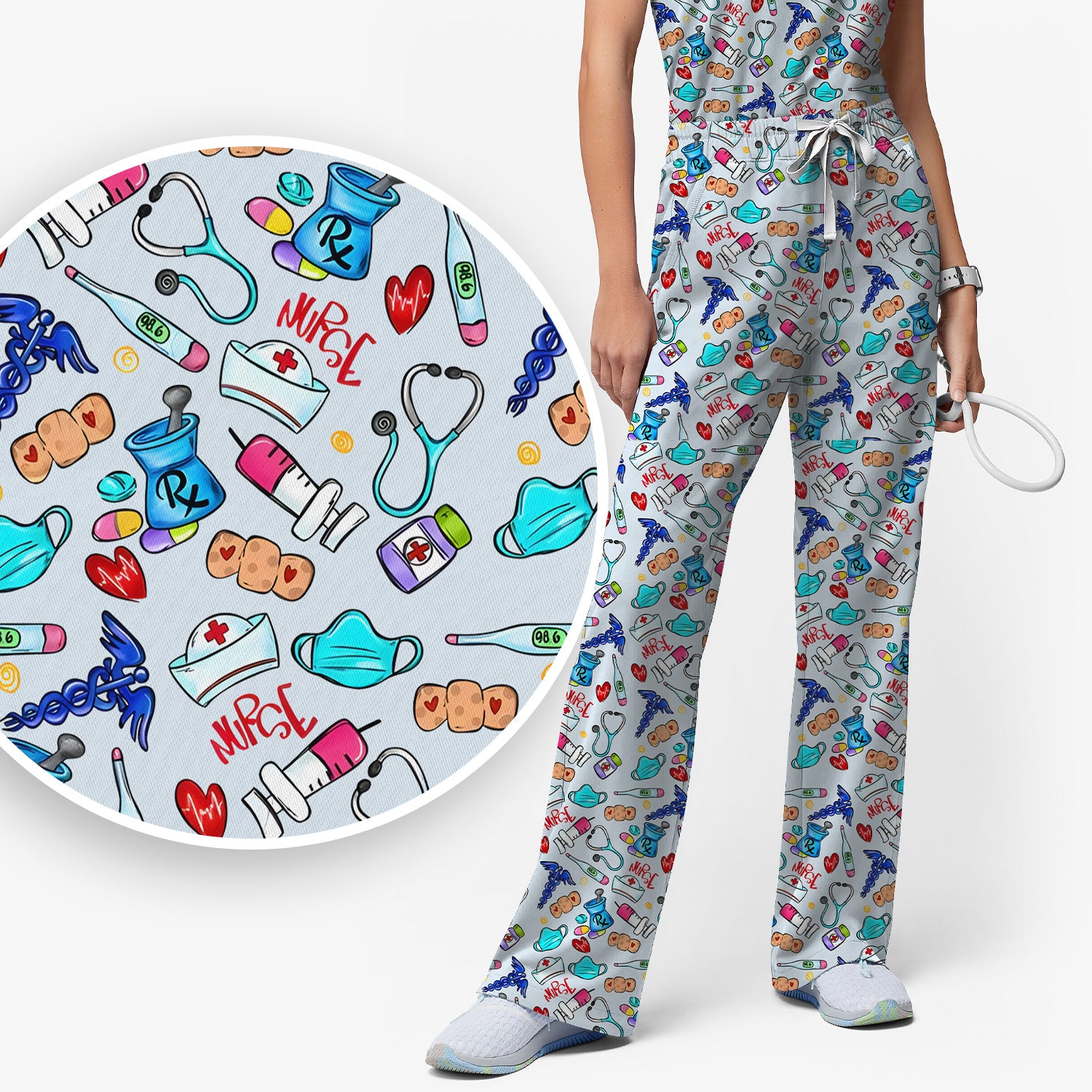 Nurse Medical Icons Stethoscope Heart Pattern Scrub Set, Scrub Pants and V Neck Top