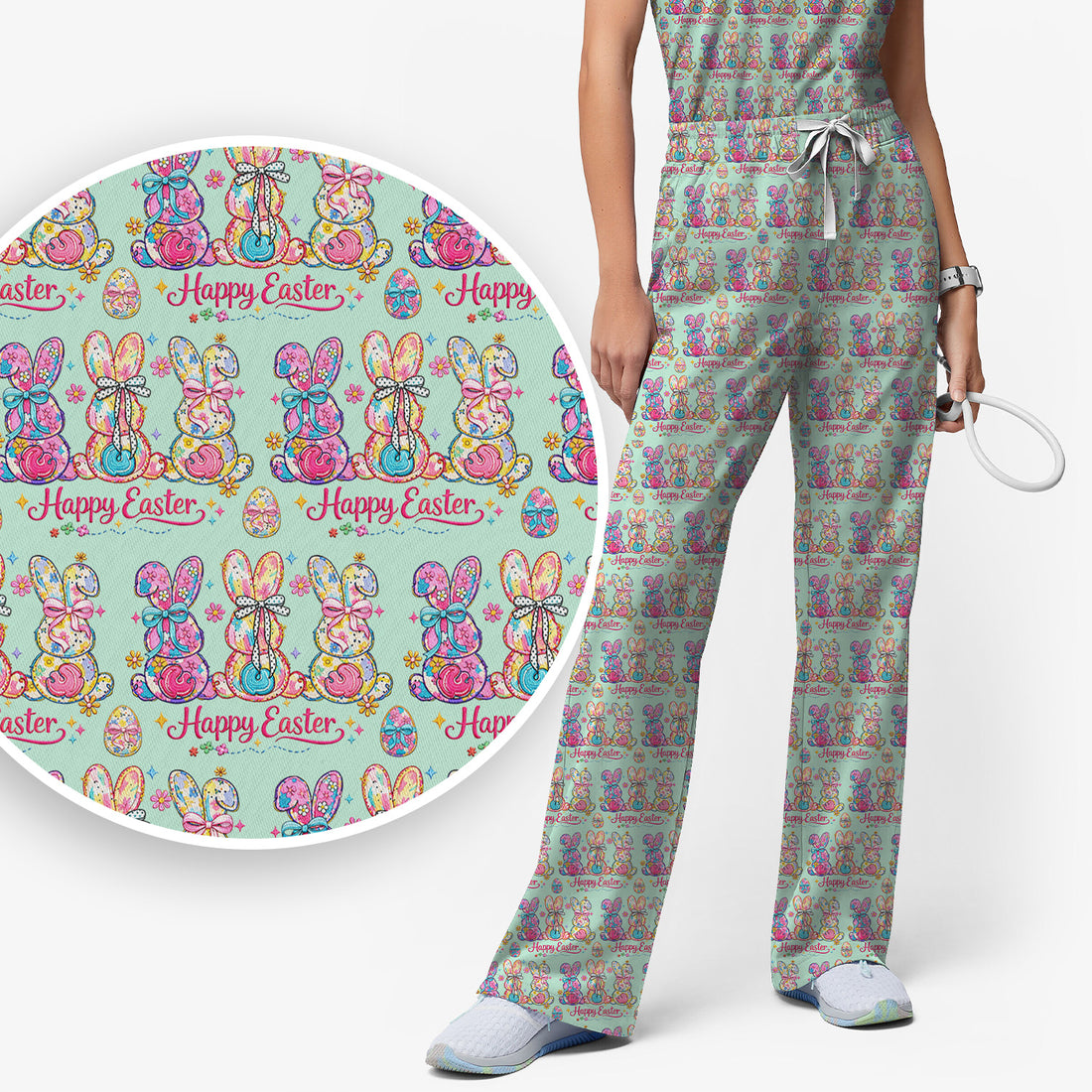 Pink Happy Easter Bunny Pattern Scrub Set, Scrub Pants and V Neck Top