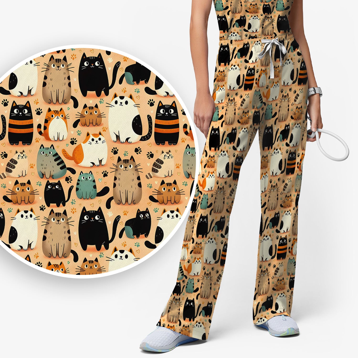 Cat Parade Doodle Pattern Scrub Set, Women's Scrub Sets