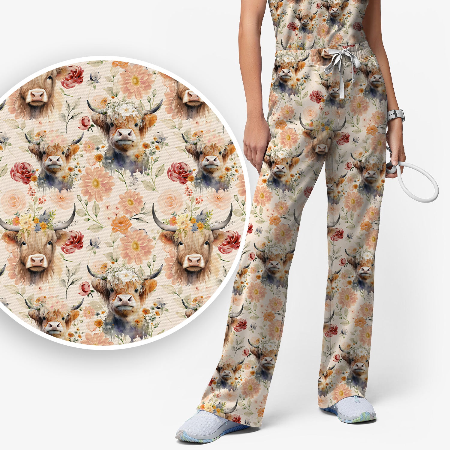 Cute Highland Cow Floral Pattern Scrub Set, Scrub Pants and V Neck Top
