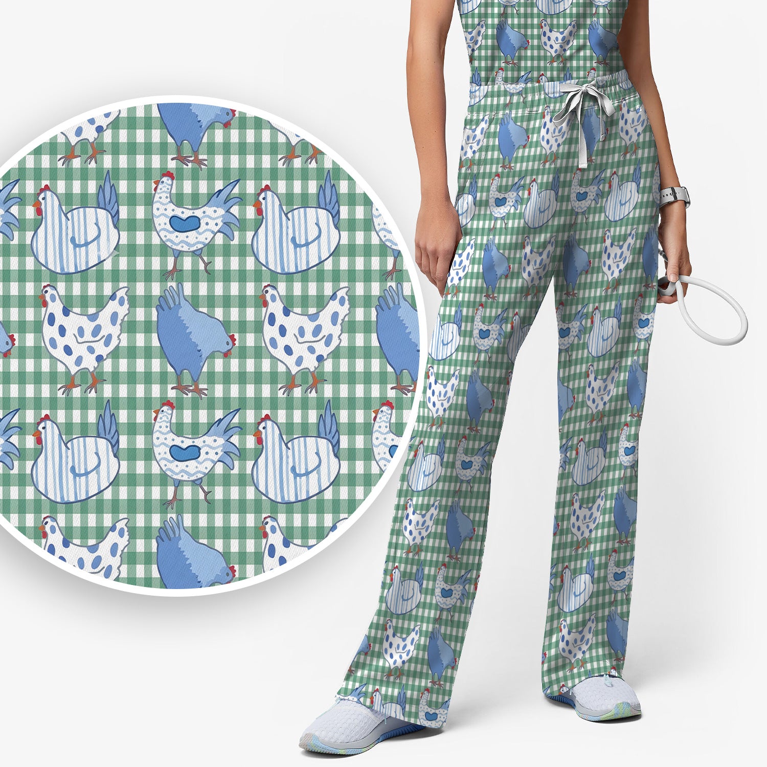 Blue Chicken Gingham Pattern Scrub Set, Scrub Pants and V Neck Top