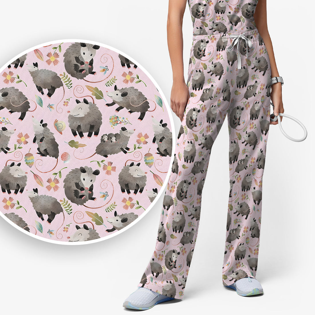 Cute Opossum Playing Flower Garden Pattern Scrub Set, Scrub Pants and V Neck Top