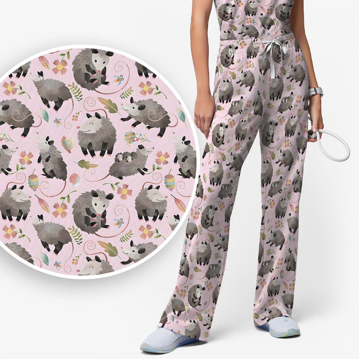 Cute Opossum Playing Flower Garden Pattern Scrub Set, Scrub Pants and V Neck Top