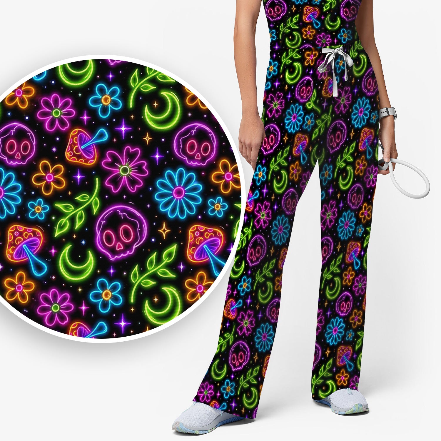 Neon Skull Mushroom Floral Scrub Set, Colorful Gothic Scrub Pants and V Neck Top