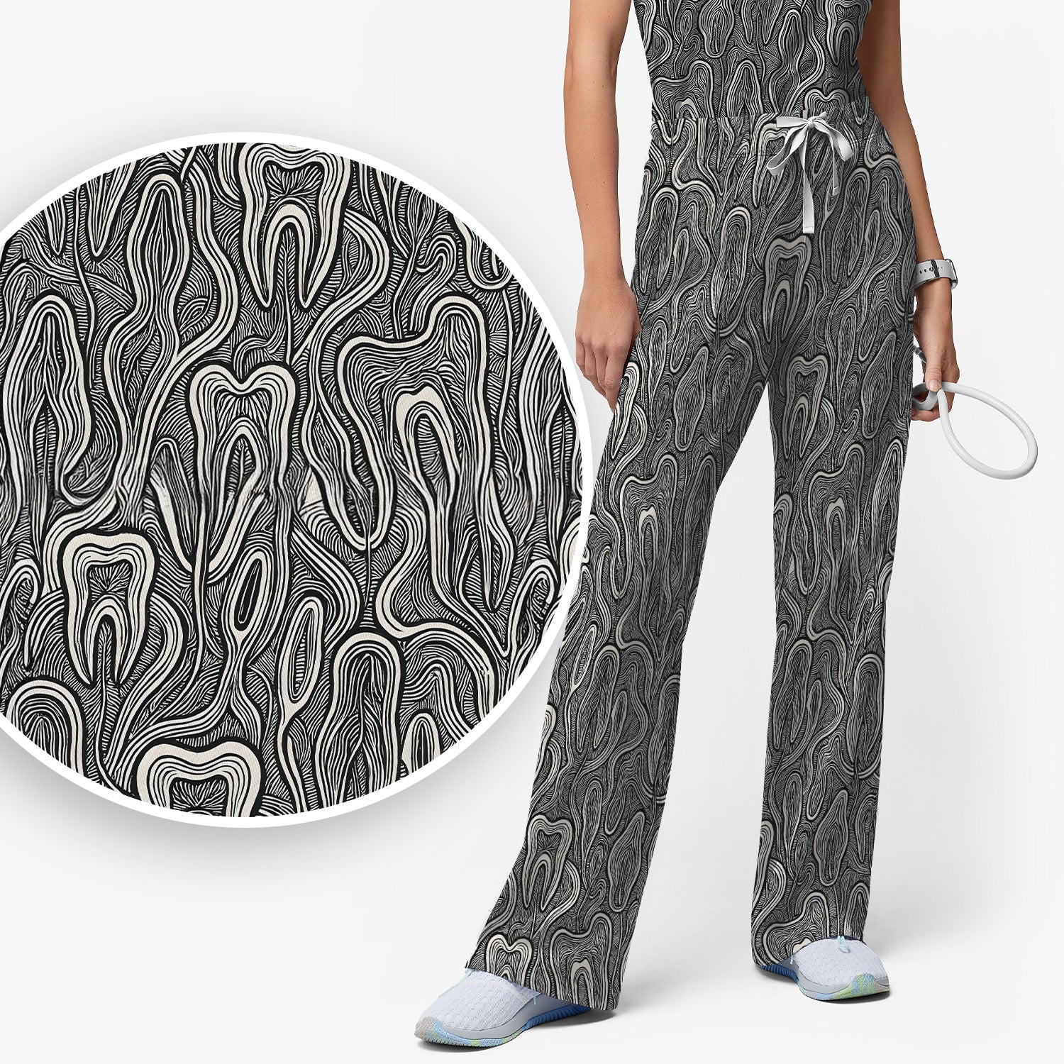 Dental Tooth Line Art Pattern Scrub Set, Scrub Pants and V Neck Top