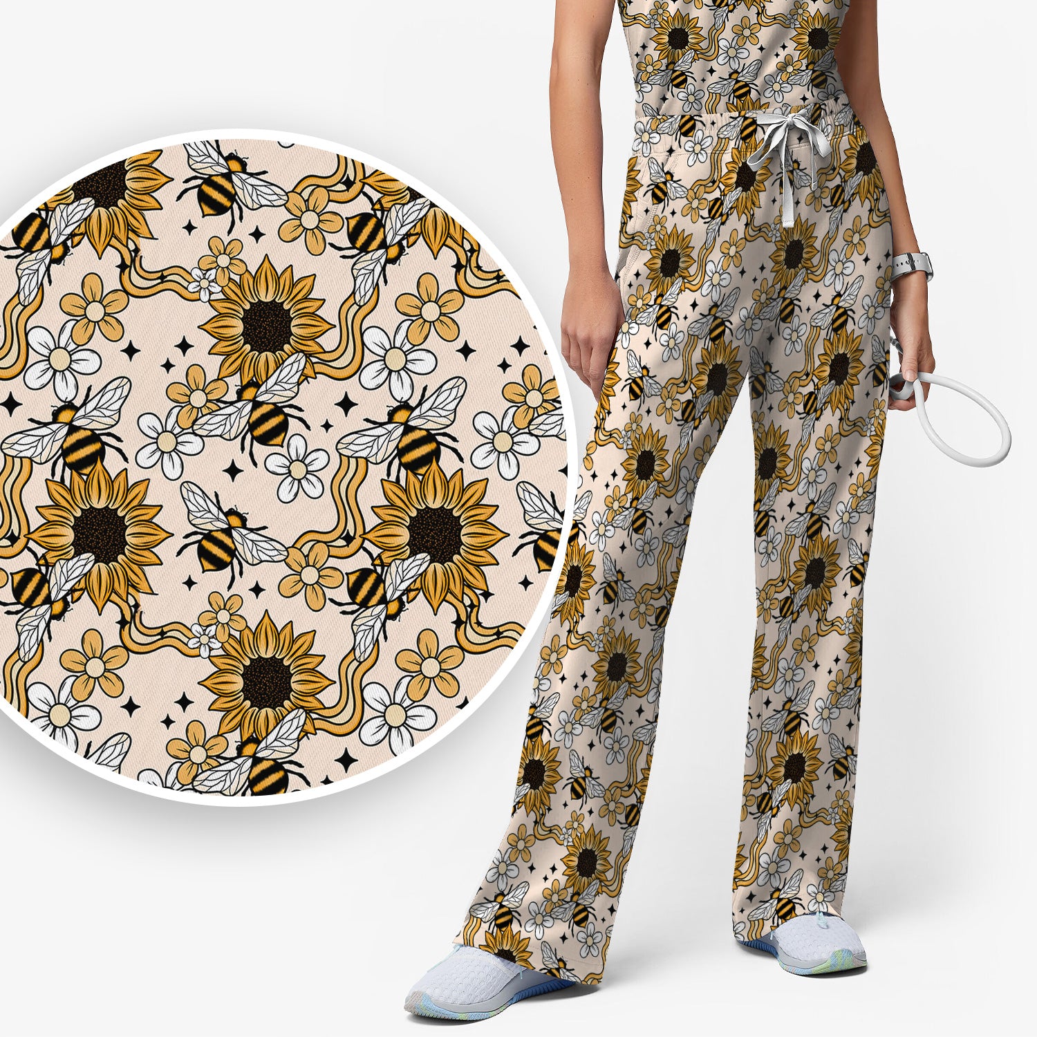 Sunflower And Honey Bee Floral Scrub Set, Scrub Pants and V Neck Top