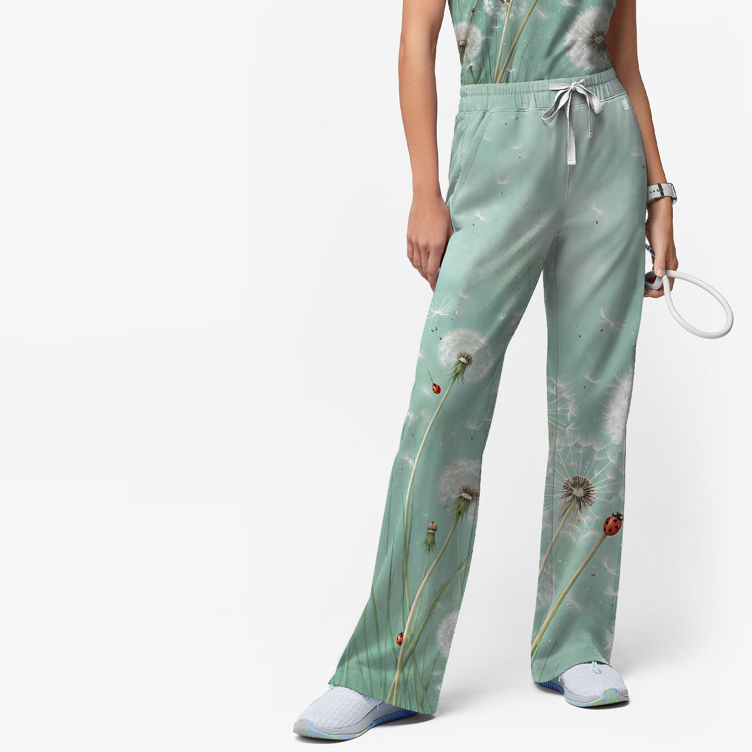 Dandelion Wishes Ladybug Meadow Pattern Scrub Set, Scrub Pants and V Neck Top
