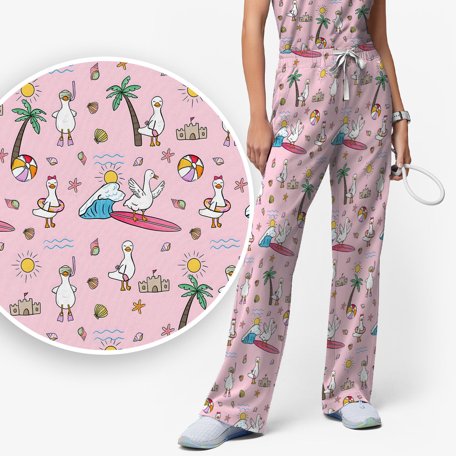 Cute Nurse Seagull Surfboard Beach Palm Tree Pattern Scrub Set, Scrub Pants and V Neck Top