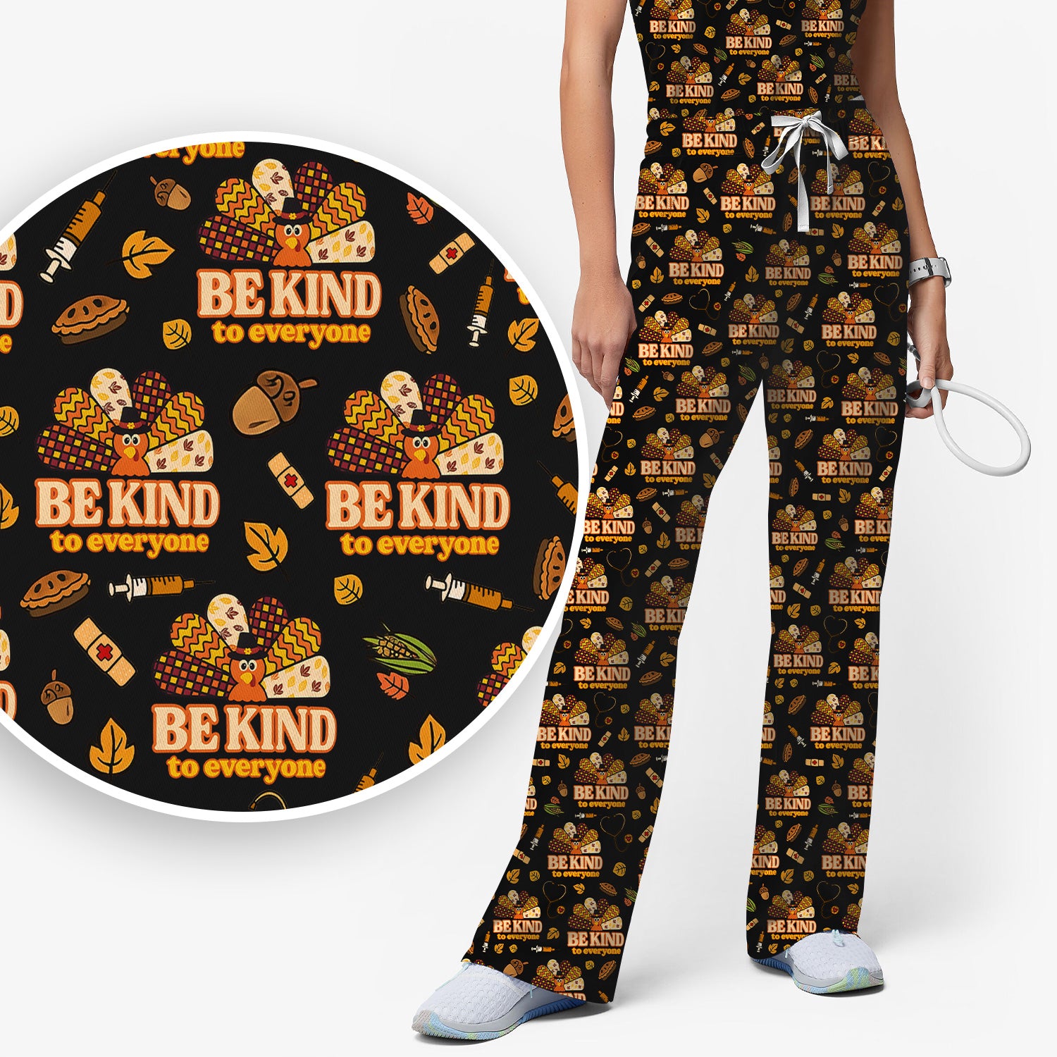 Thanksgiving Be Kind Scrub Set – Fall Nurse Shirt with Heart and Leaf Pattern – Cute Autumn Medical Uniform for Healthcare Staff