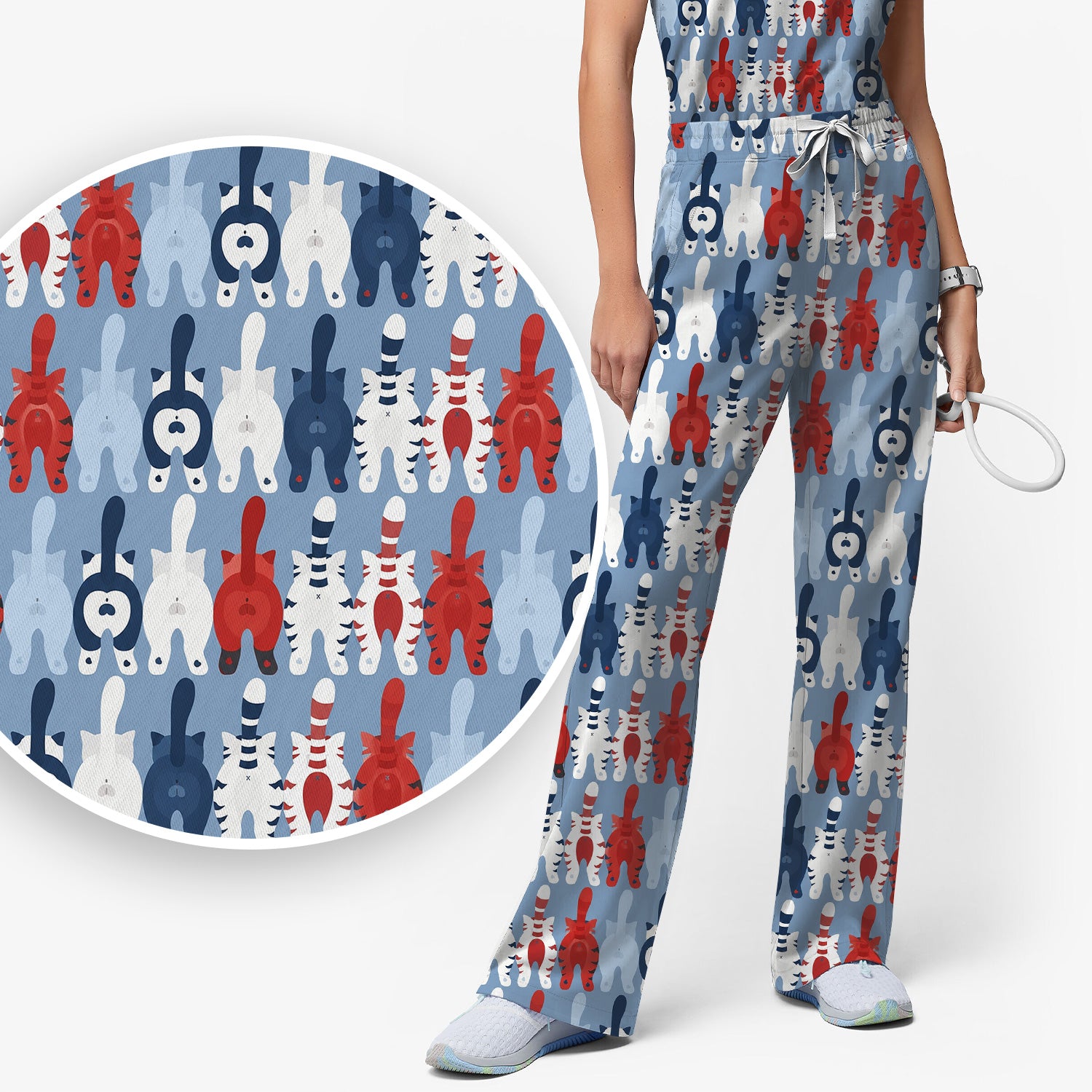 Colorful Patriotic Cat Tail Pattern Scrub Set, Scrub Pants and V Neck Top