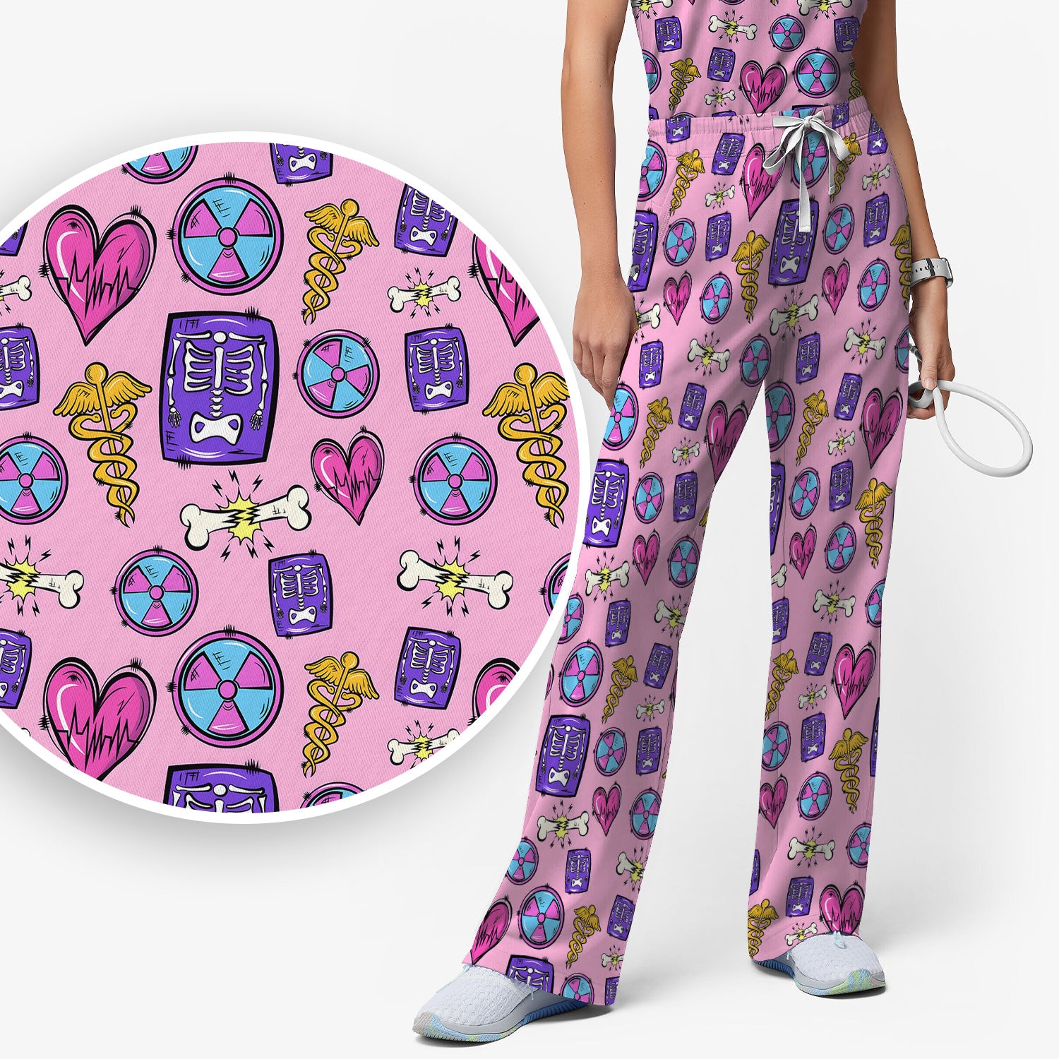 Sassy Nurse Heart Bone Caduceus Xray Icon Print Scrub Set, Scrub Pants and V Neck Top