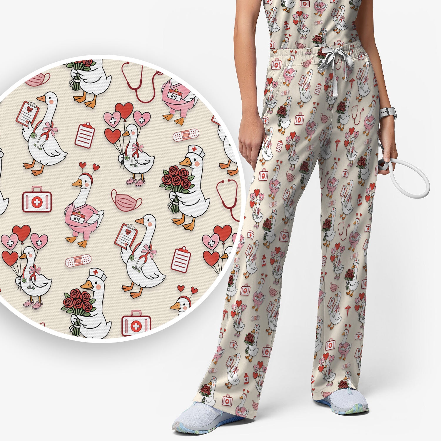 Cute Goose Nurse Medical Pattern Scrub Set, Women's Scrub Sets