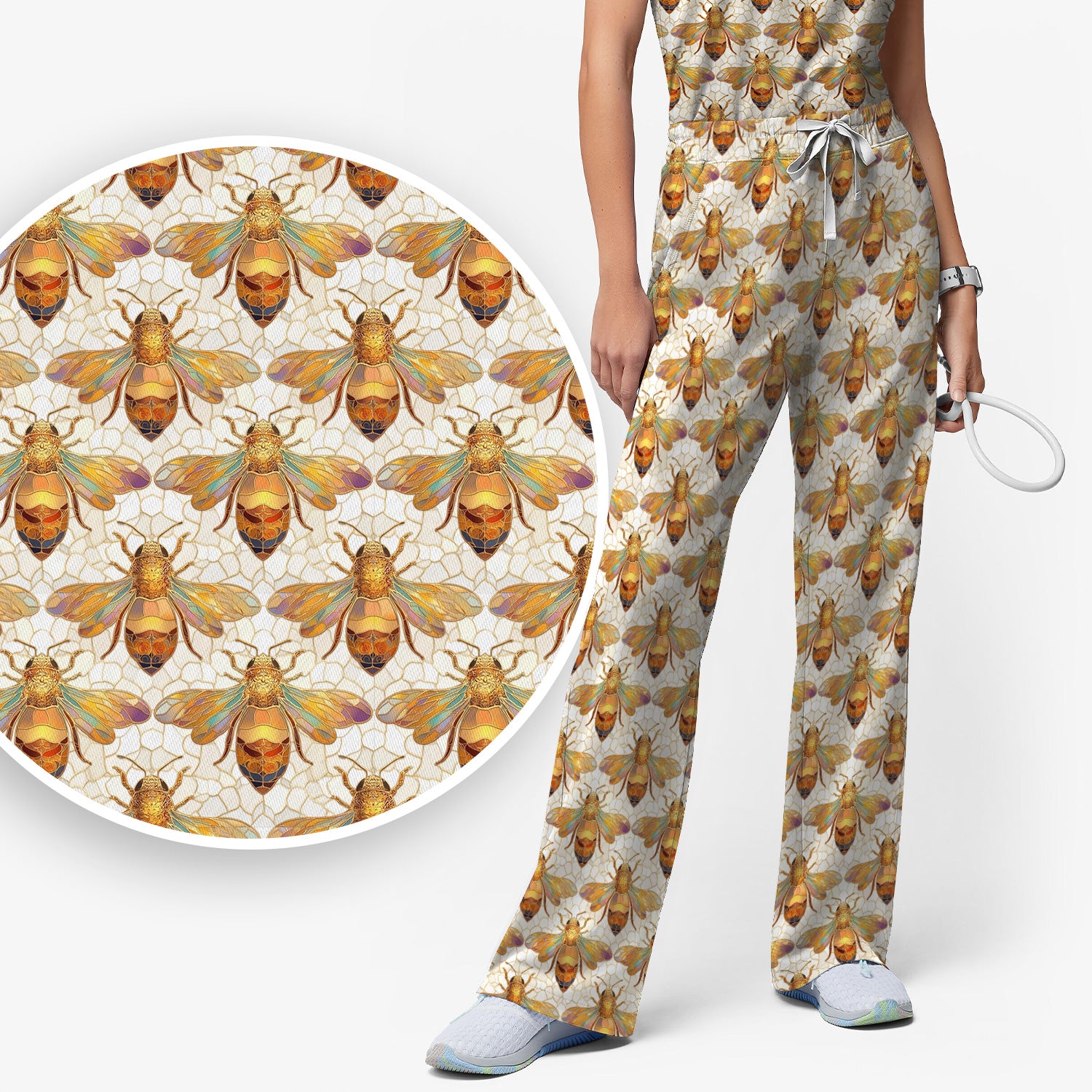 Golden Honey Bee Honeycomb Nurse Pattern Scrub Set, Scrub Pants and V Neck Top