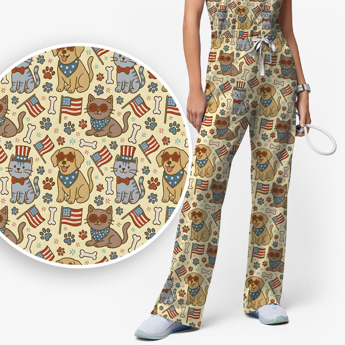 American Flag Patriotic Cat & Dog Pattern Scrub Set, Scrub Pants and V Neck Top