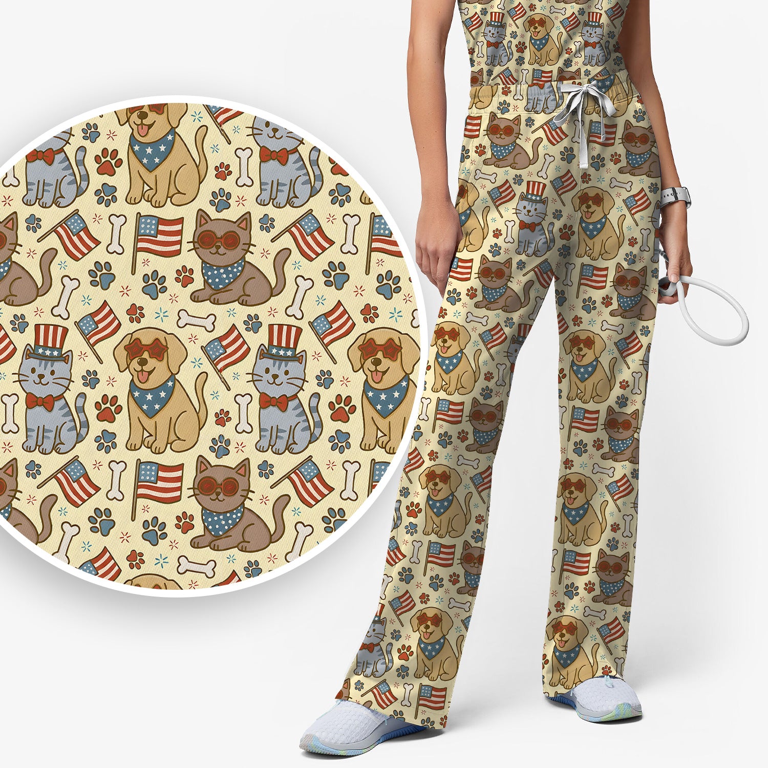 American Flag Patriotic Cat & Dog Pattern Scrub Set, Scrub Pants and V Neck Top