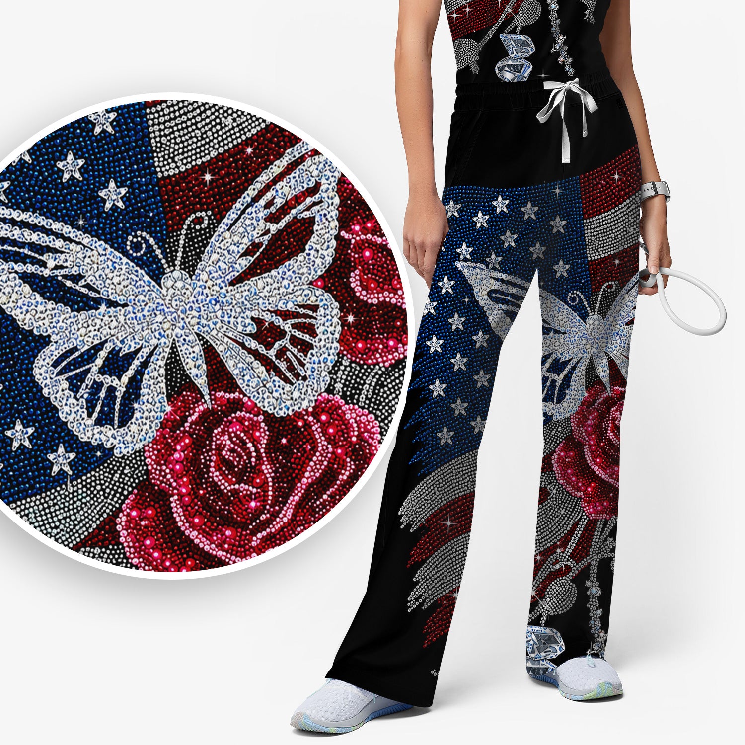 Patriotic Butterfly Rose Flag Print Scrub Set, Scrub Pants and V Neck Top
