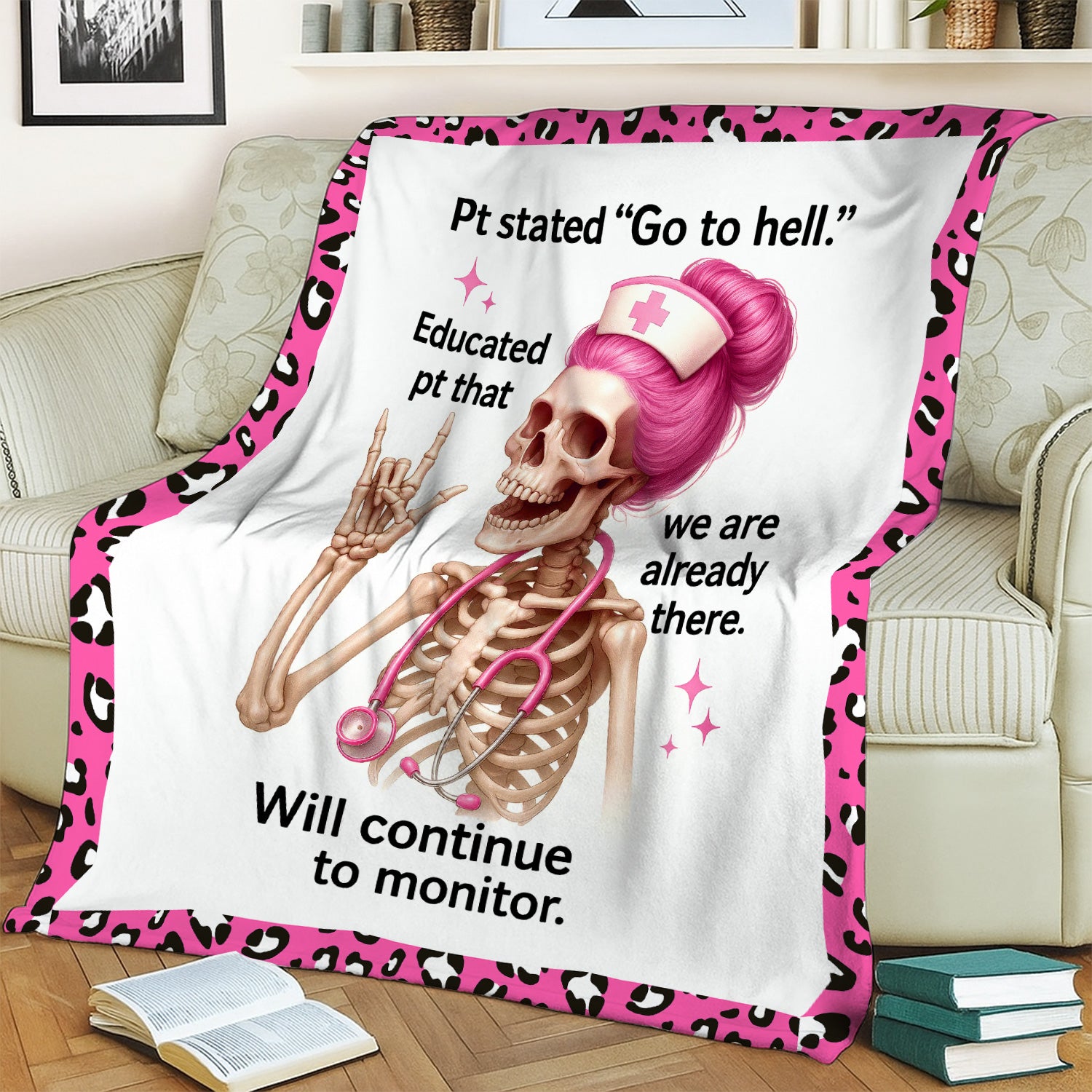 Custom Skeleton Nurse Blanket - Pink Hair & Sarcastic Quote - Hilarious Personalized Gift for RN, LPN, Healthcare Workers