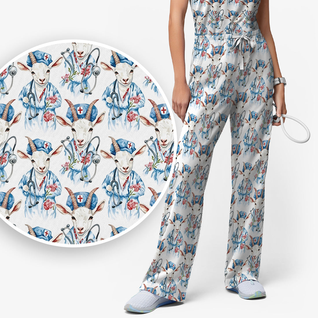 Cute Goat Animal Lover Pattern Scrub Set, Scrub Pants and V Neck Top