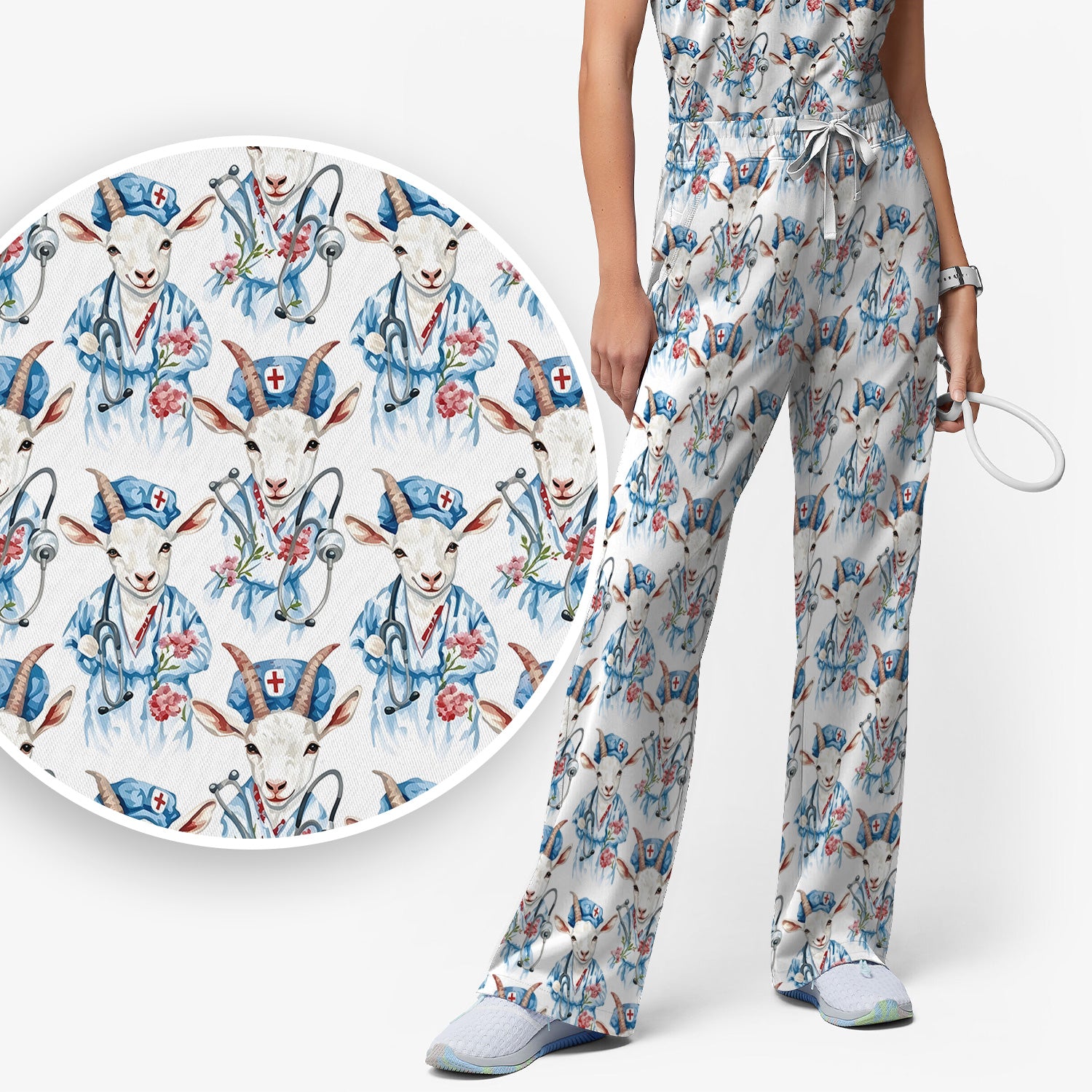 Cute Goat Animal Lover Pattern Scrub Set, Scrub Pants and V Neck Top