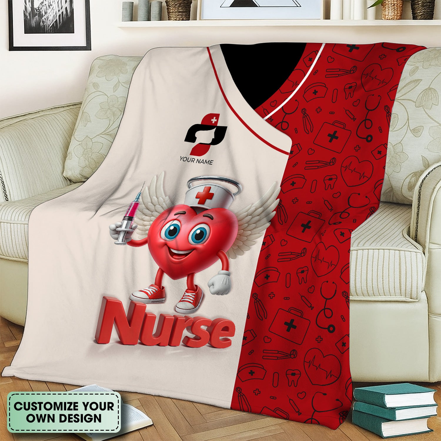 Personalized Funny Nurse Blanket with Winged Heart Cartoon - Cute Syringe Design for Healthcare Workers - Custom RN LPN CNA Gift
