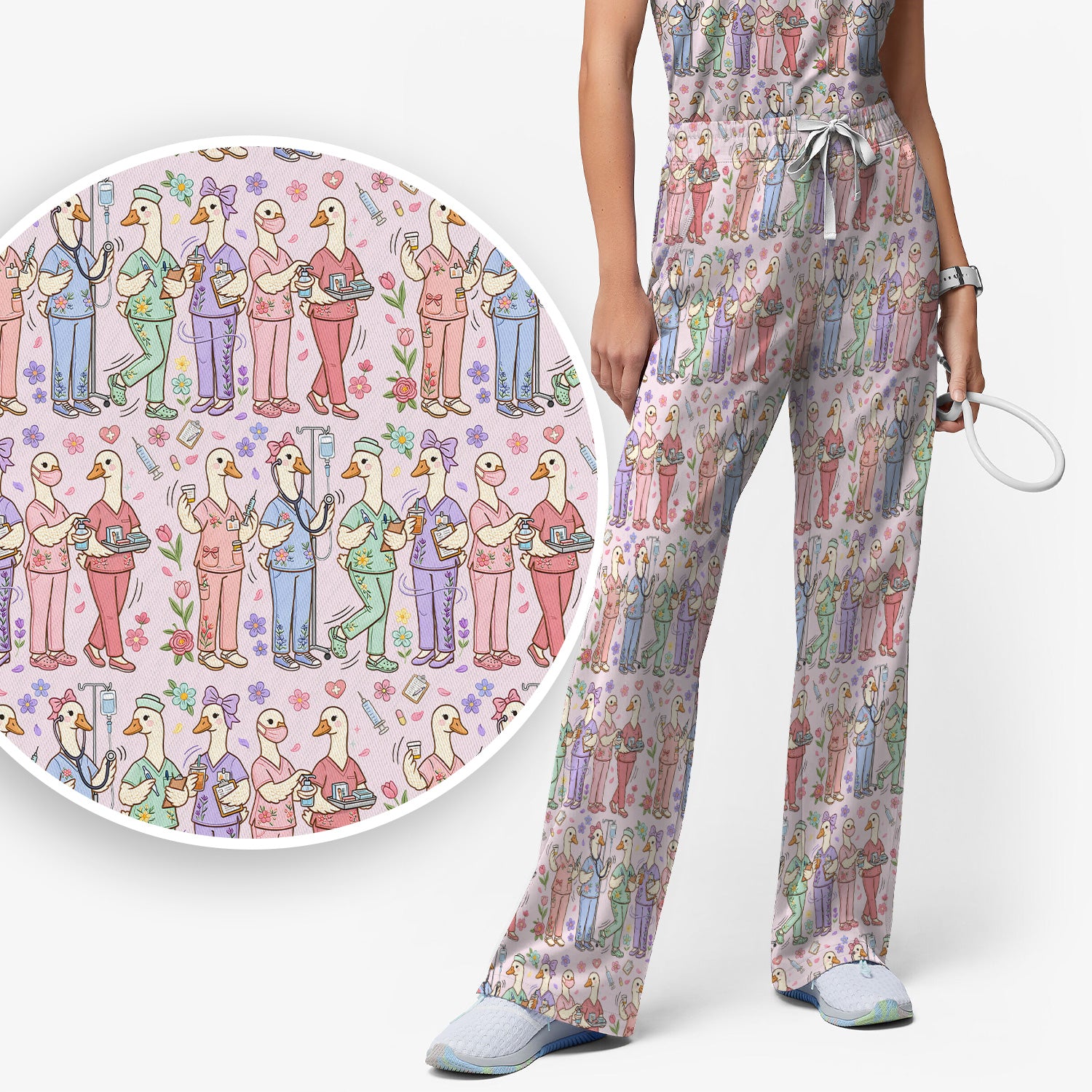 Goose Characters Floral Medical Team Uniform Pattern Scrub Set, Breathable Med Uniform