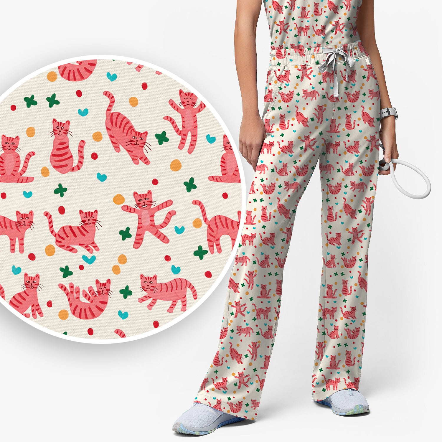 Cute Pink Cat Pattern Women's Scrub Sets, Scrub Pants and V Neck Top