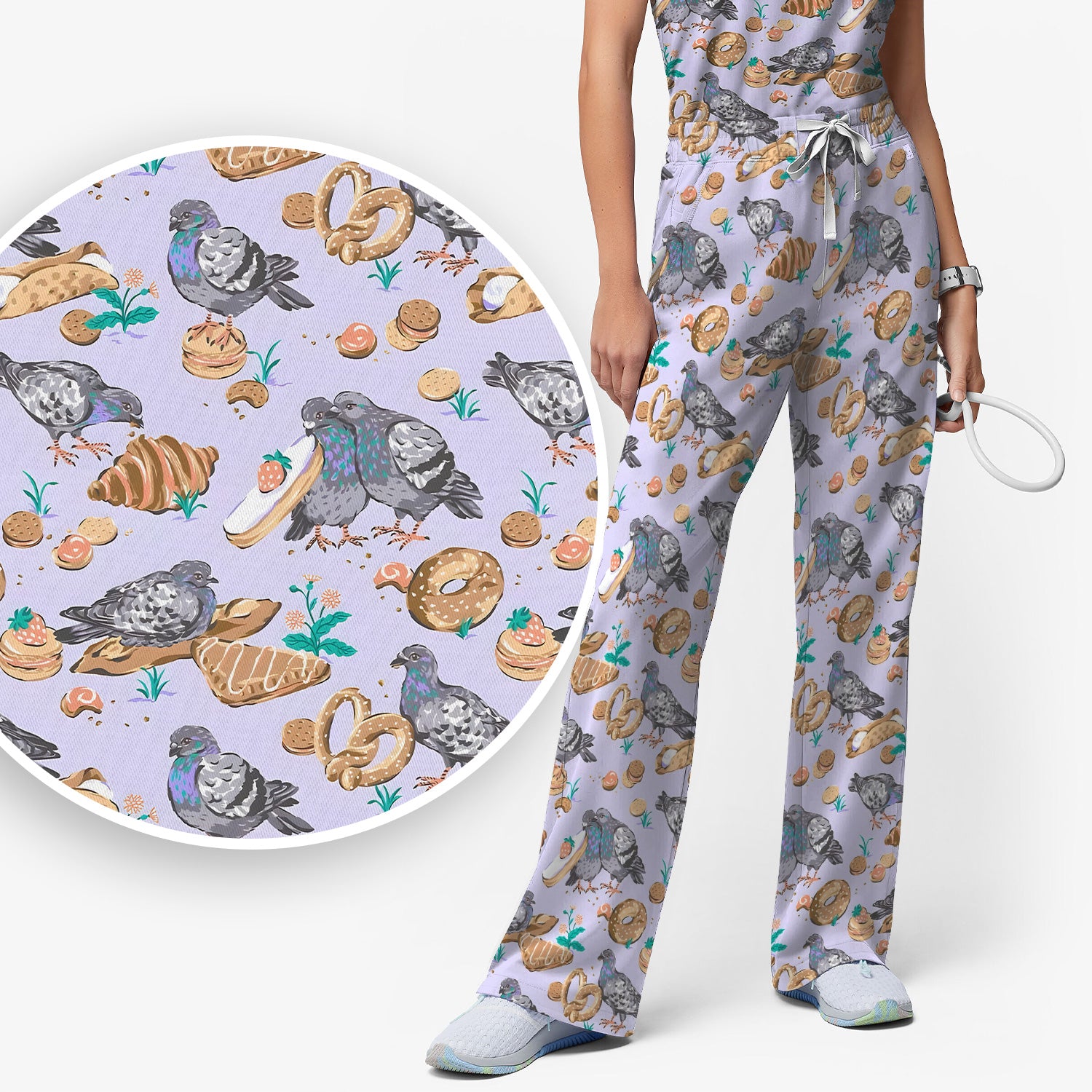 Funny Pigeon Bread Snack Nurse Pattern Scrub Set, Scrub Pants and V Neck Top