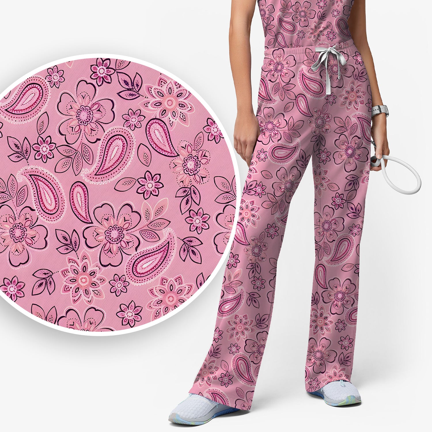 Pink Paisley Floral Nurse Pattern Scrub Set, Scrub Pants and V Neck Top