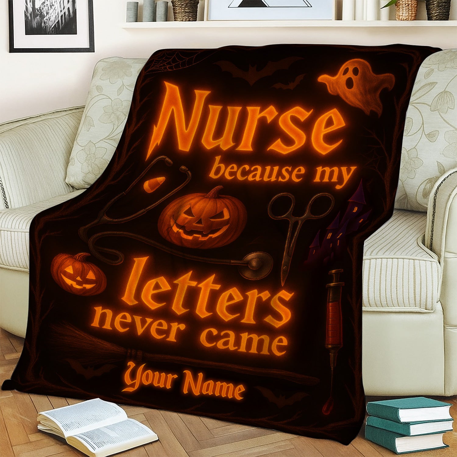 Personalized Halloween Nurse Throw Blanket - Spooky Nurse Life Design with Jack-o'-Lantern - Gift for Witchy RN, CNA, LPN