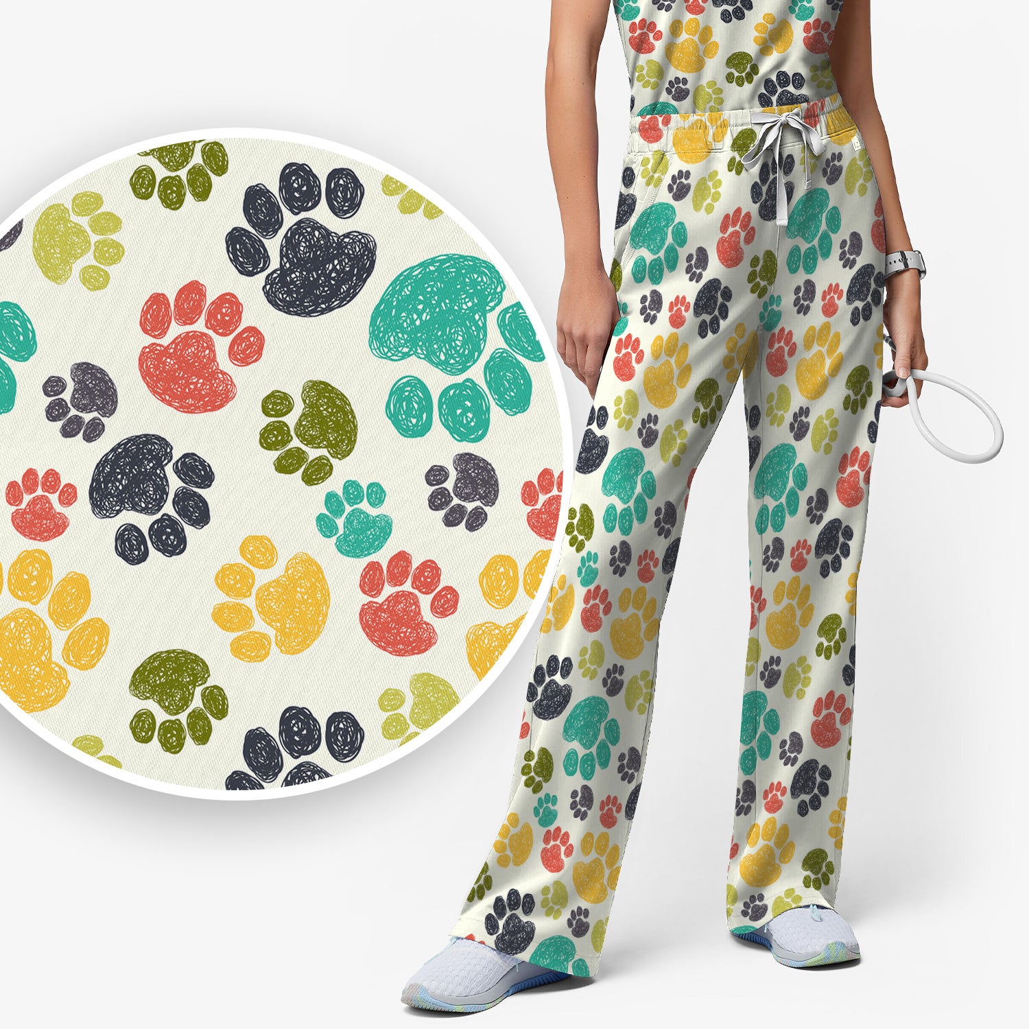 Colorful Paw Print Animal Pattern Scrub Set, Scrub Pants and V Neck Top