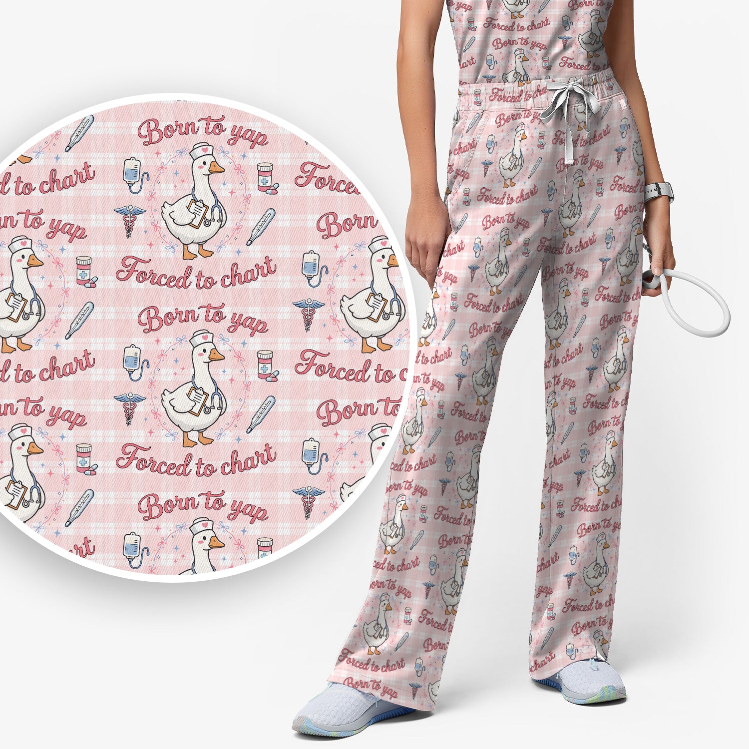 Funny Nurse Goose, Born To Yap Forced To Chart Pattern Scrub Set, Scrub Pants and V Neck Top