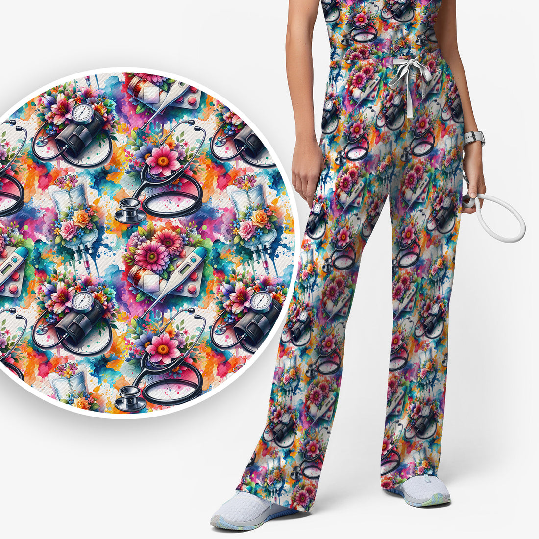 Colorful Medical Tools Floral Pattern Scrub Set, Scrub Pants and V Neck Top