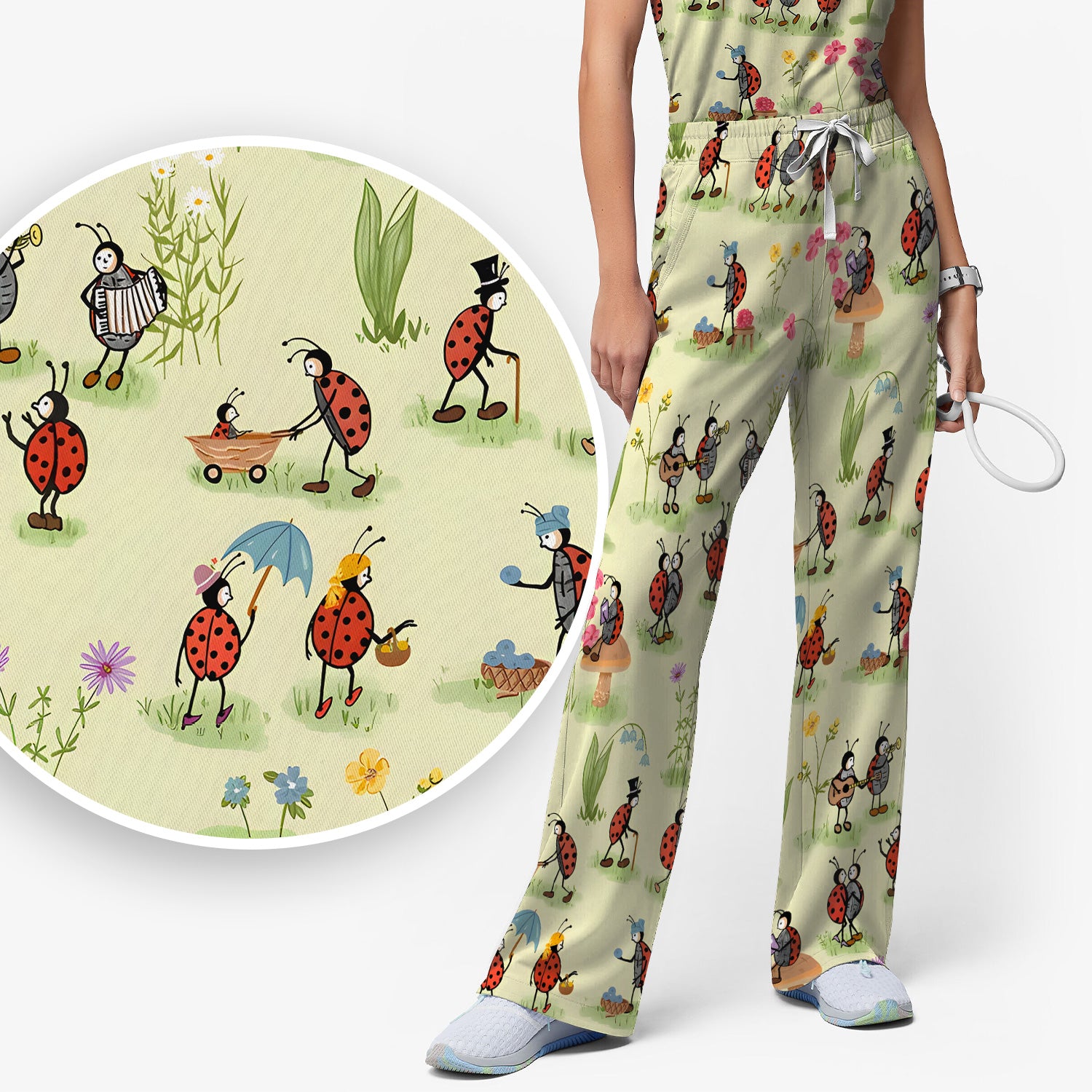 Whimsical Ladybug Garden Activity Pattern Scrub Set, Scrub Pants and V Neck Top