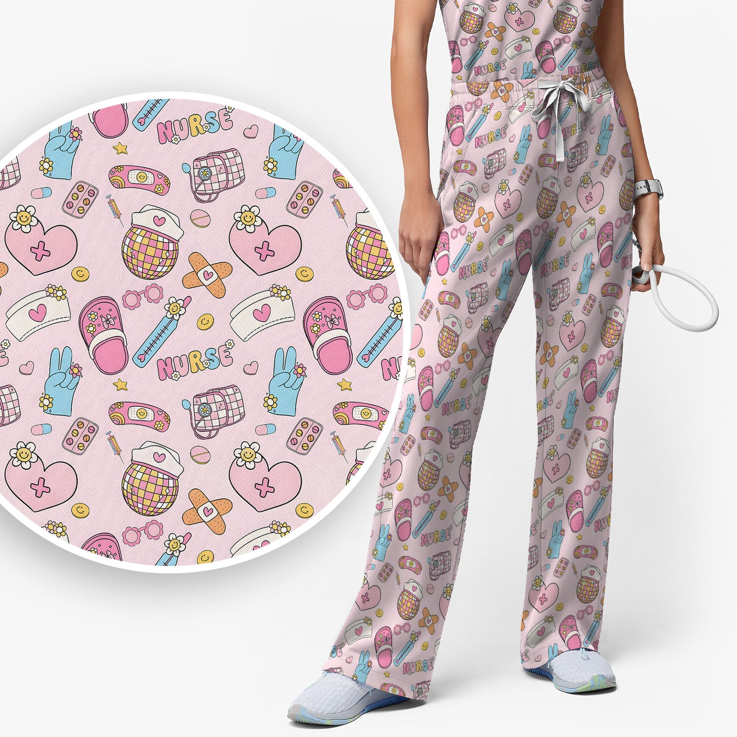 Cute Nurse Pink Medical Tools Pattern Scrub Set, Scrub Pants and V Neck Top