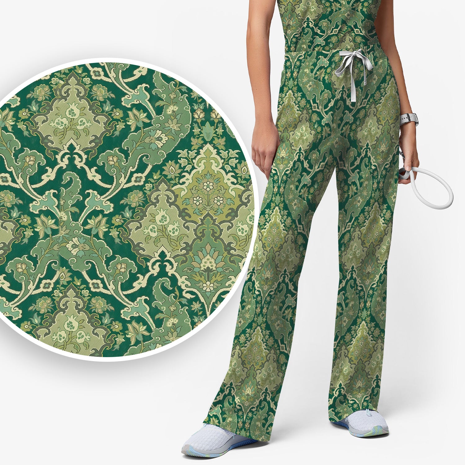 Green Vintage Damask Ornamental Pattern Scrub Set, Scrub Pants and V Neck Top