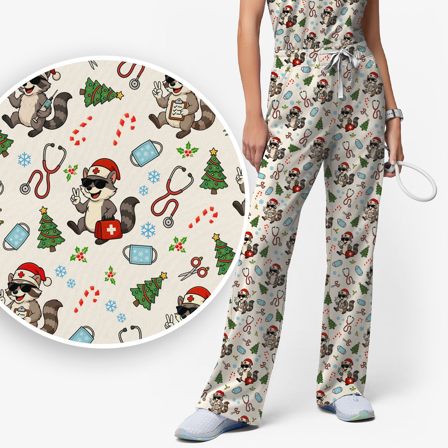 Funny Christmas Nurse Scrub Set - Raccoon Pattern with Santa Hat, Stethoscope and Tree - Cute Holiday Medical Scrubs Pants and Top Gift for RN CNA LPN