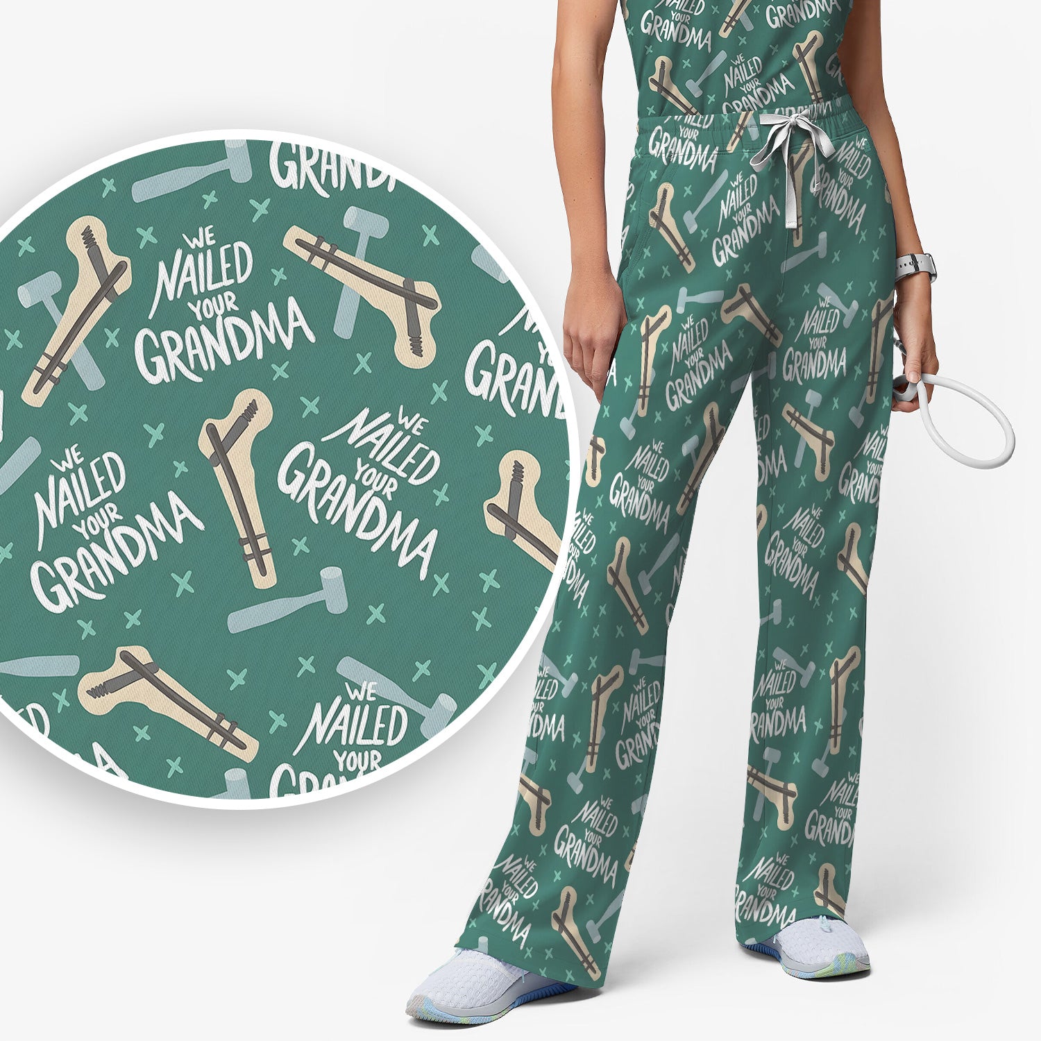 Funny Orthopedic Bone Hammer We Nailed Your Grandma Pattern Scrub Set, Scrub Pants and V Neck Top