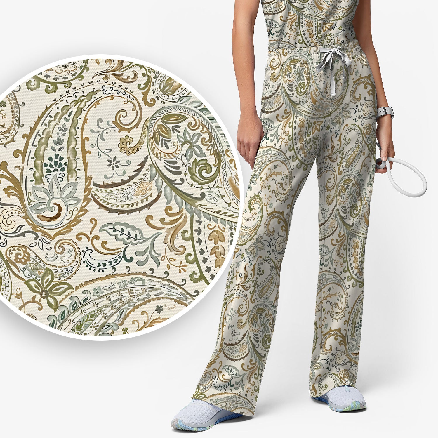 Elegant Sage Green Vintage Paisley Floral Vine Pattern Scrub Set, Scrub Pants and V Neck Top