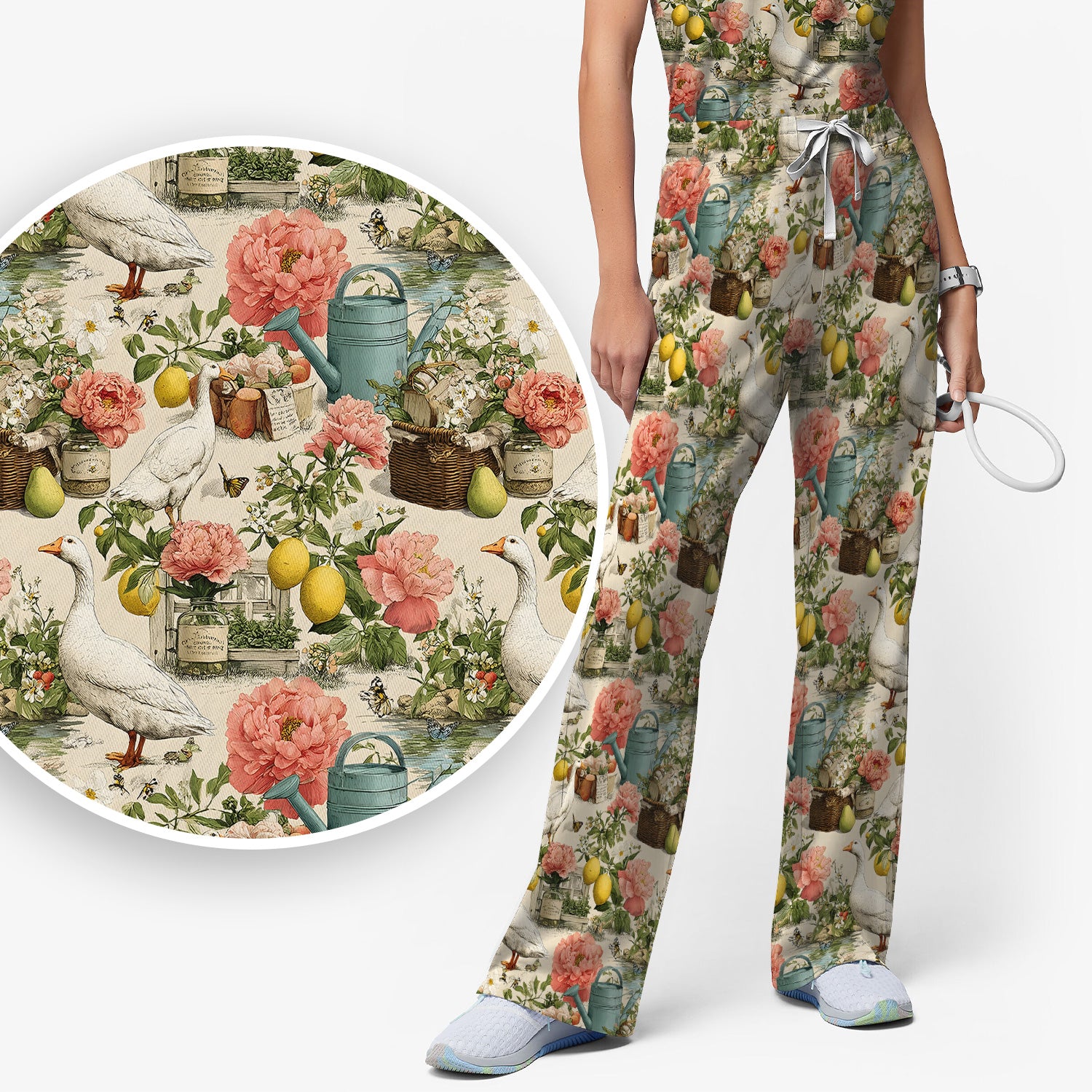 Vintage Goose Garden Floral Pattern Scrub Set, Scrub Pants and V Neck Top