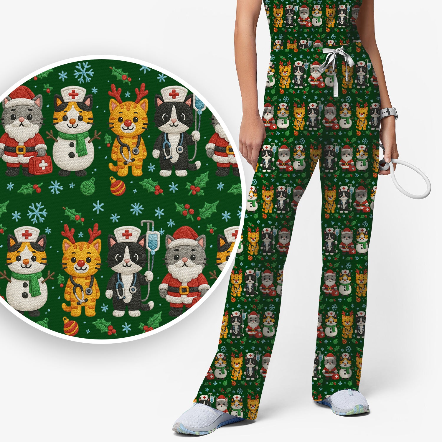 Christmas Cat Nurse Pattern Scrub Set, Cute Holiday Kitty Medical Uniform Shirt For Nursing