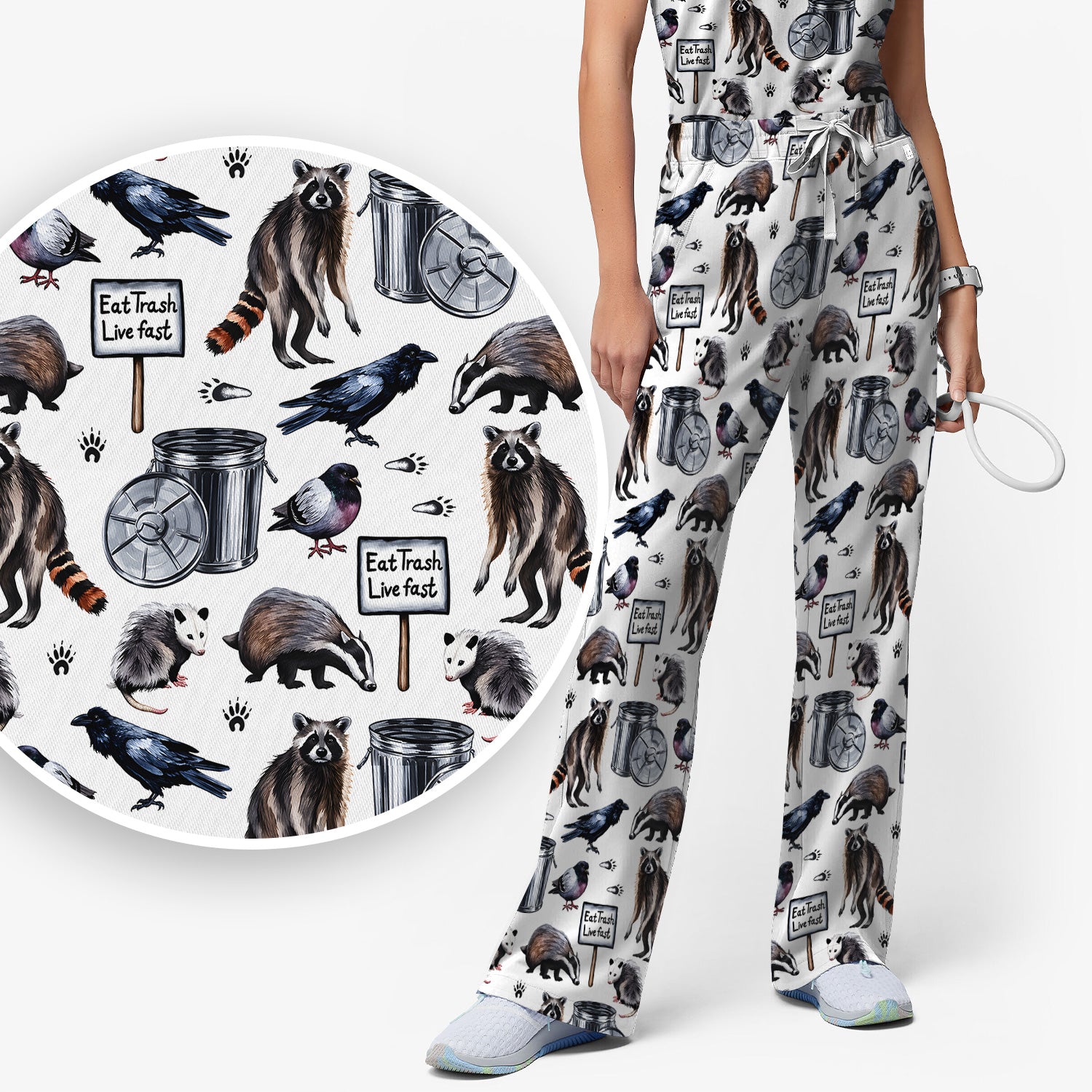 Raccoon And Opossum Eat Trash Live Fast Scrub Set, Scrub Pants and V Neck Top