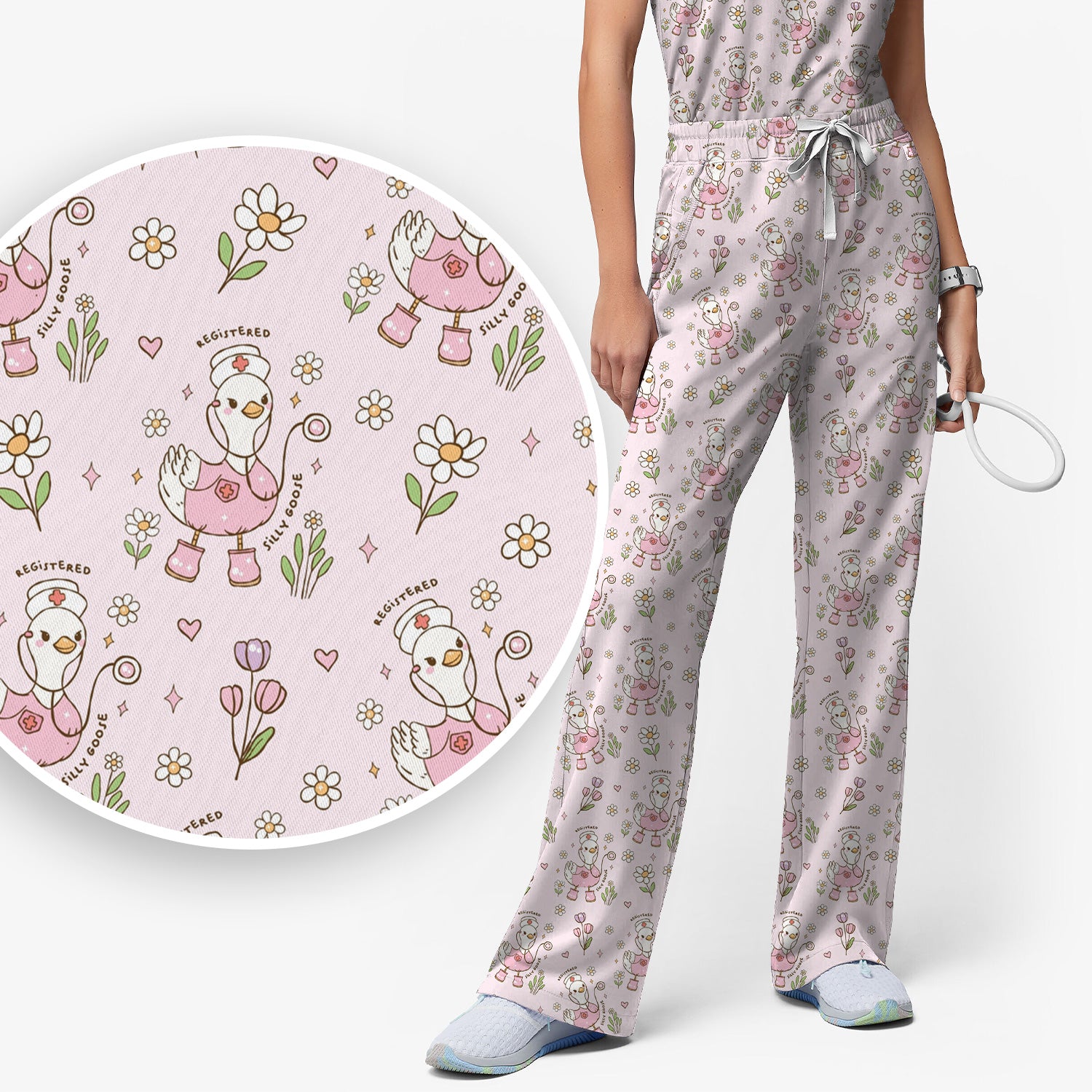 Funny Nurse Goose Daisy Print Scrub Set, Breathable Med Uniform