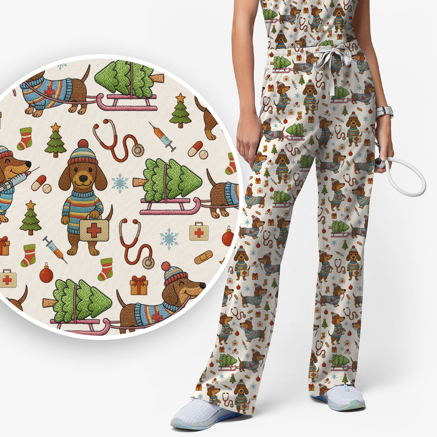 Dachshund Dog Scrub Set For Nurse, Funny Wiener Dog Lover Gift, Cute Dog 3D Knit Pattern Shirt