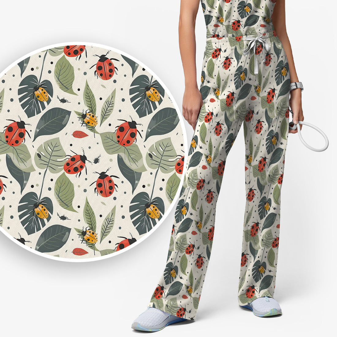 Cute Ladybug Leaf Nature Pattern Scrub Set, Scrub Pants and V Neck Top