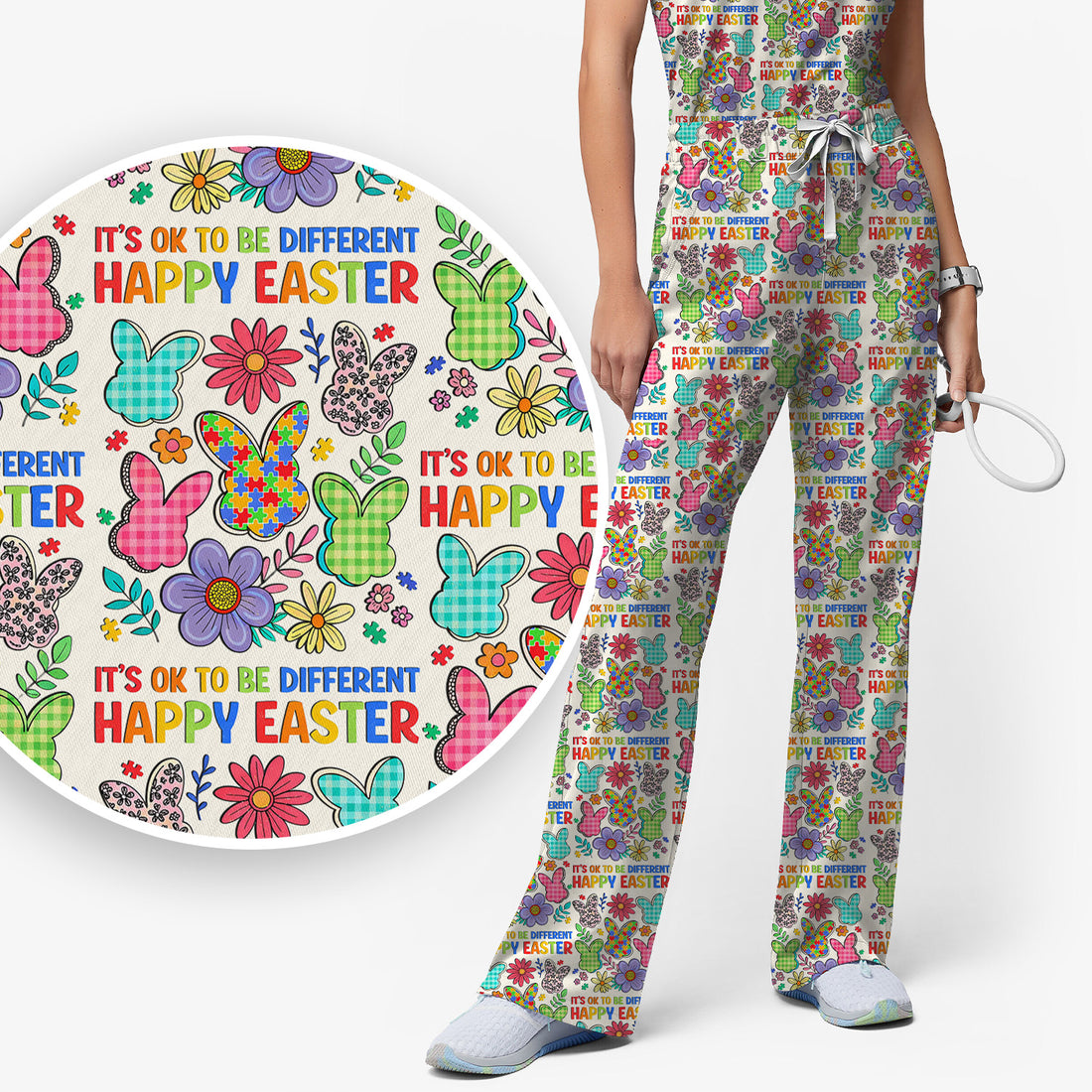 Happy Easter Bunny Floral Print Scrub Set, Breathable Med Uniform
