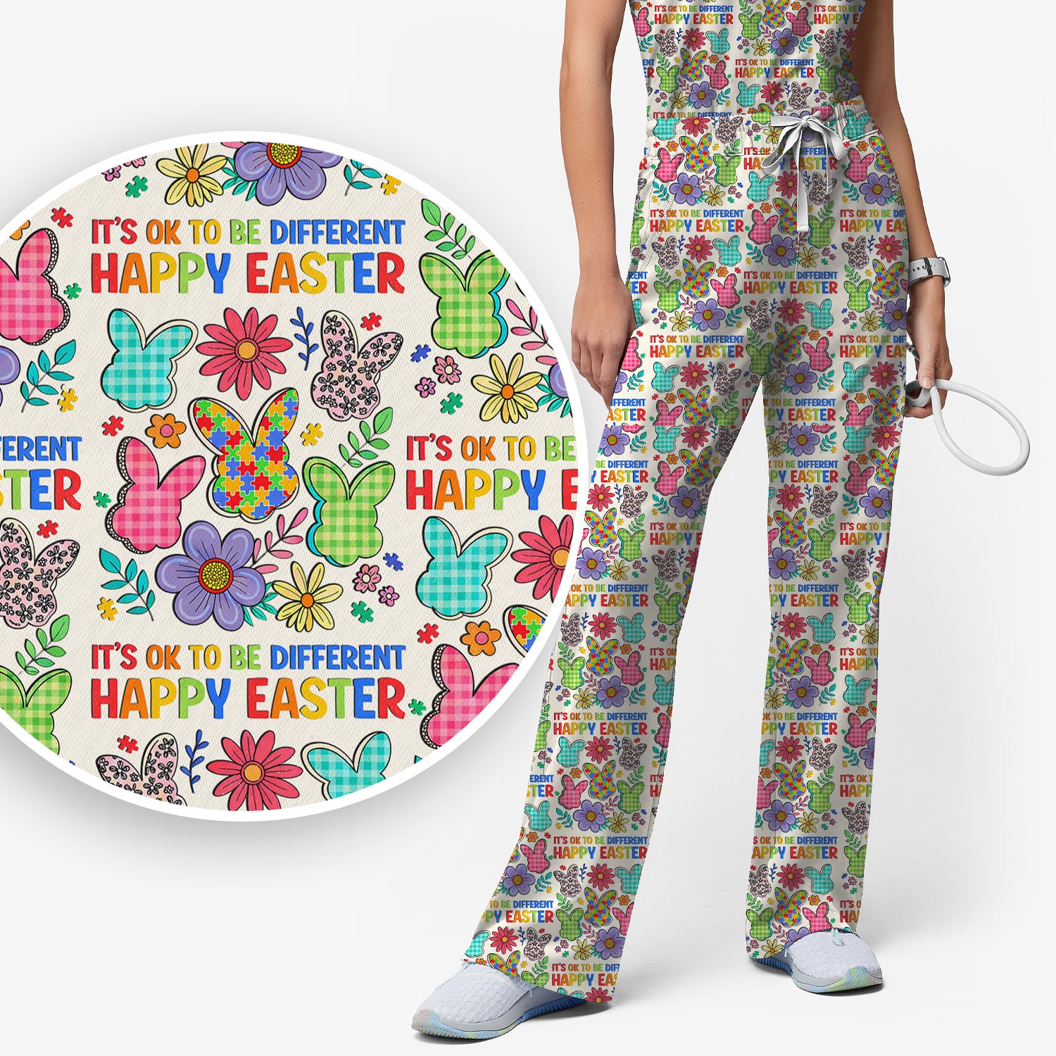 Happy Easter Bunny Floral Print Scrub Set, Breathable Med Uniform
