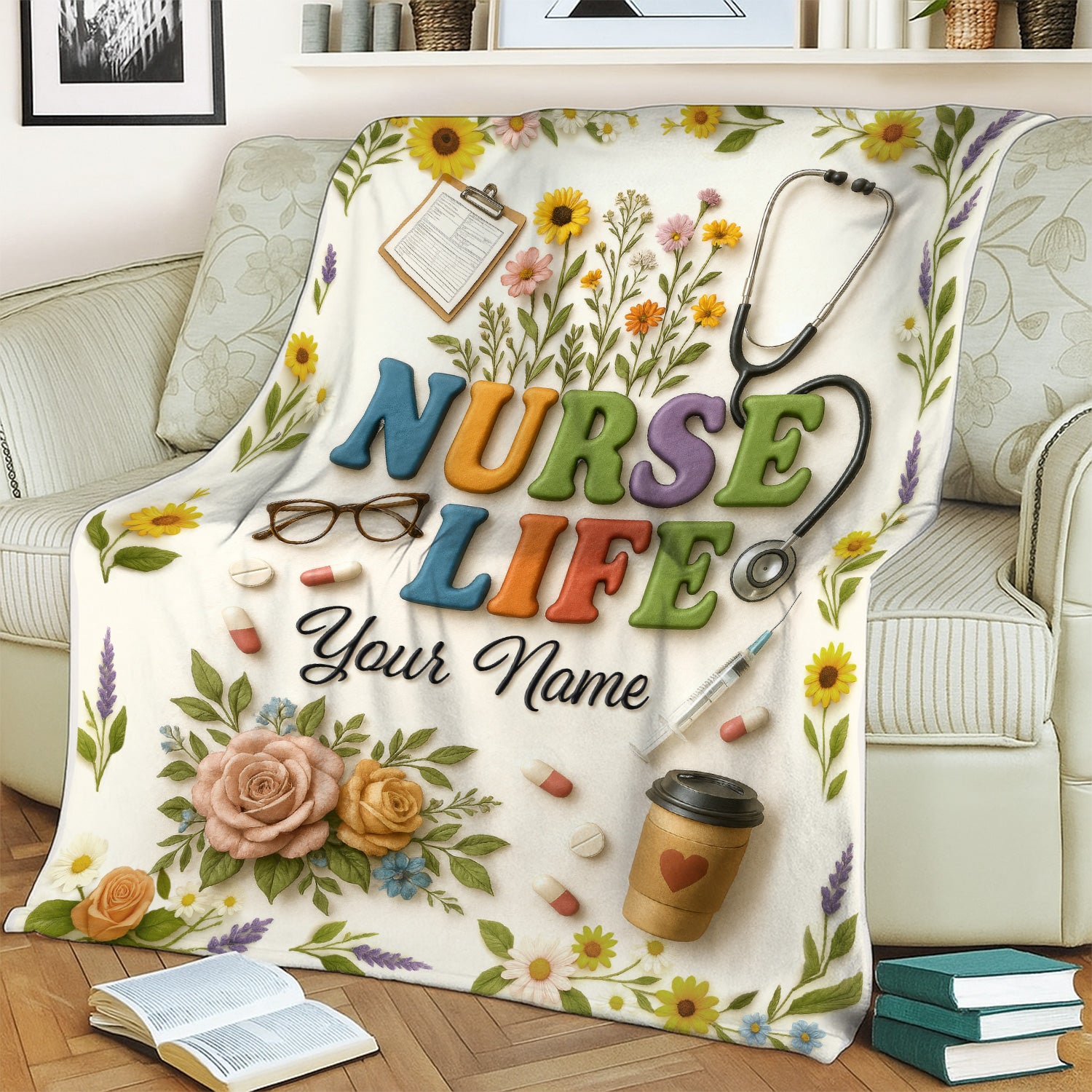 Custom Nurse Life Blanket - Stethoscope, Pills & Flowers Design - Thoughtful Personalized Gift for Nurses
