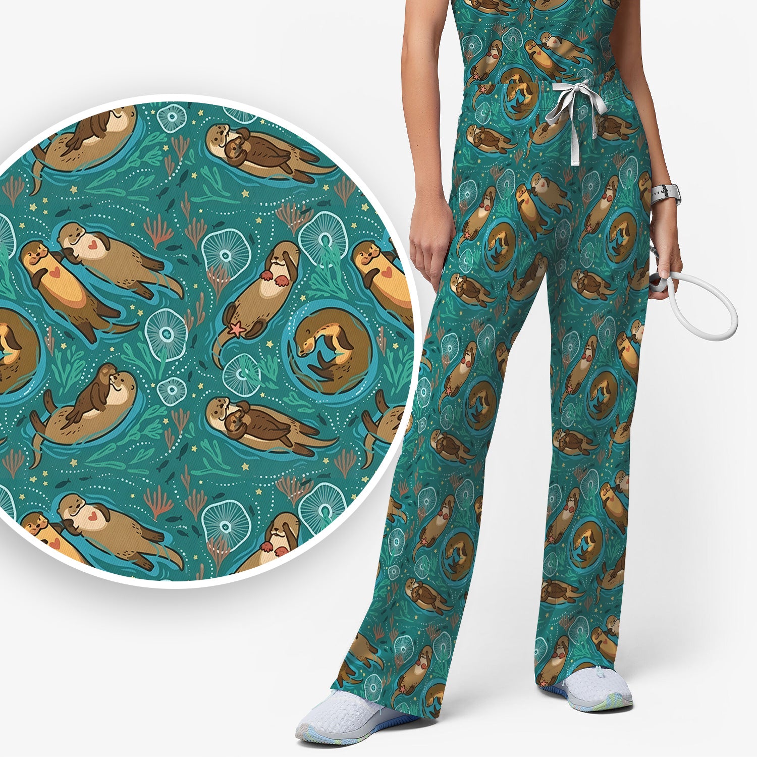 Sea Otter Floating Ocean Pattern Scrub Set, Scrub Pants and V Neck Top